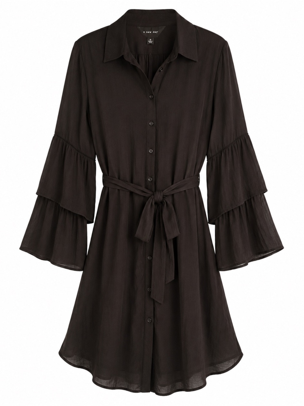 Naked Zebra Black Button-Front Tiered Bell Sleeve Shirt Dress with Tie